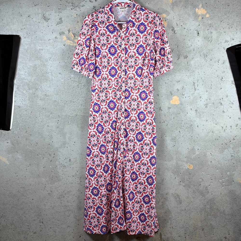 Boden Maxi Dress Womens 8R Multicolor Floral Tencel Button Front Belted Collared